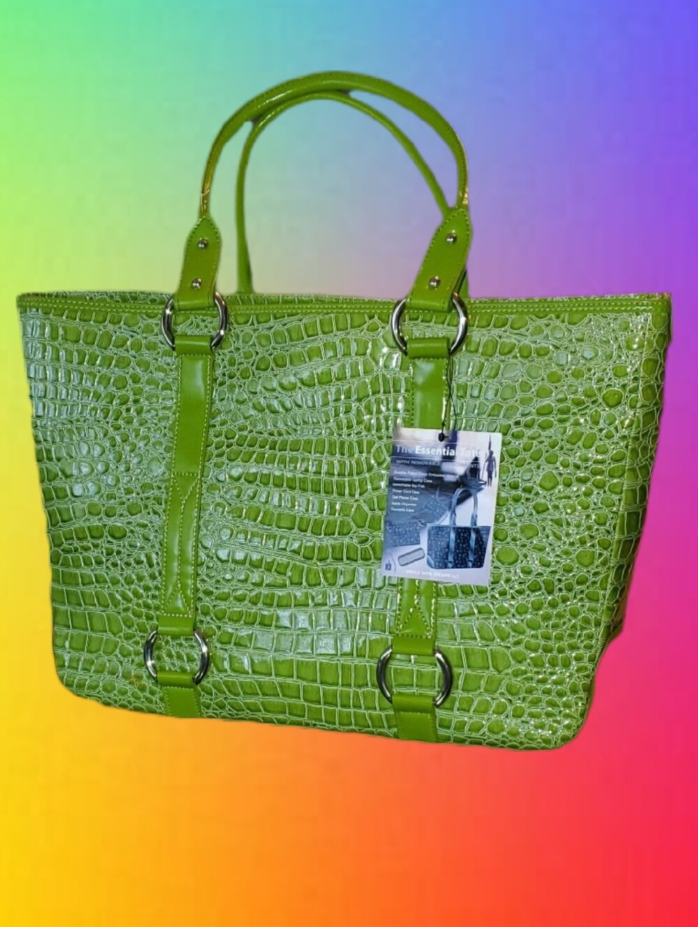 NWT Large Lime Green Croc 3-piece Tote Bag Set